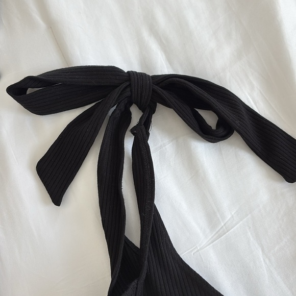 Reformation Ribbed Black Mini Short Dress with tie bow straps square neck Large - Picture 8 of 10